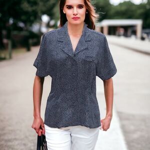 Vintage LLOYD WILLIAMS Darted Waist Short Sleeve Top Navy Blue White Print Sz 8